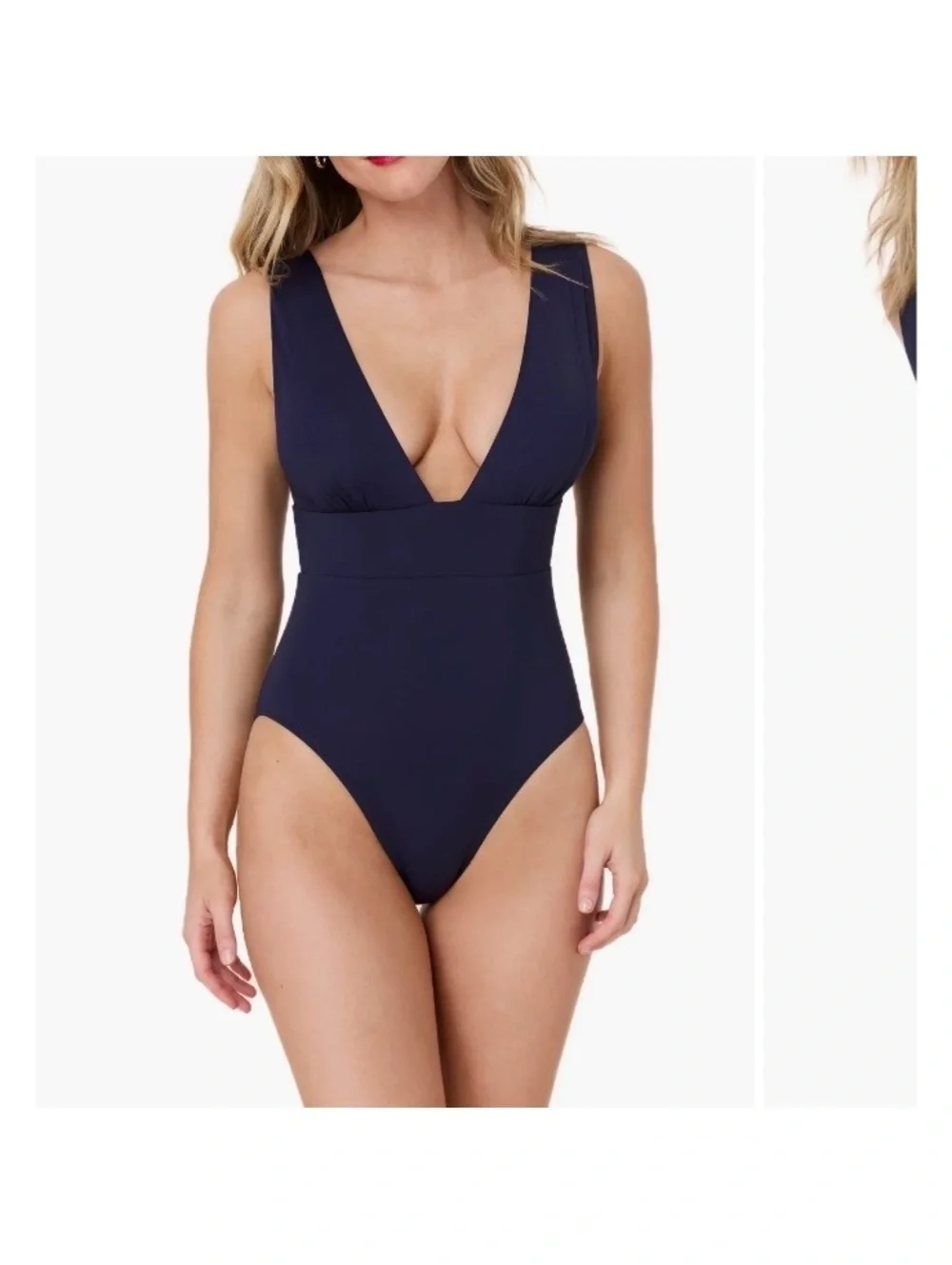Andie Mykonos Deep Plunge Neck One Piece Swimsuit in Navy Women’s sz Large Tall